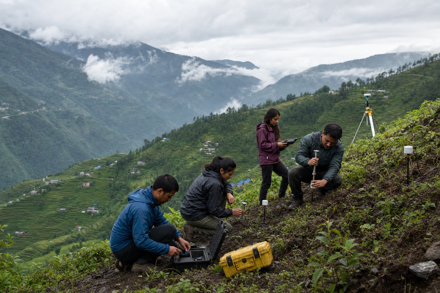 Illustrative field research team installing slope monitoring instruments in Nepal